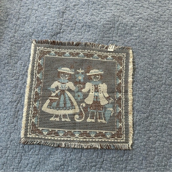 Scandinavian Children Vintage Tapestry w/ Blue & Cream Linen & Cotton Blend 13” - Picture 3 of 8